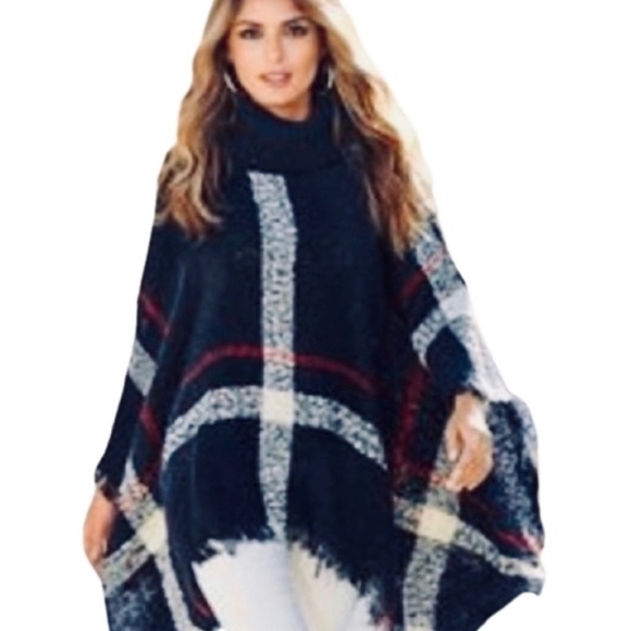 Navy knit turtleneck nubby weave plaid poncho NEW - Picture 5 of 6